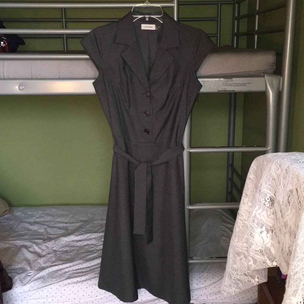 Belted A-line work dress with cap sleeves